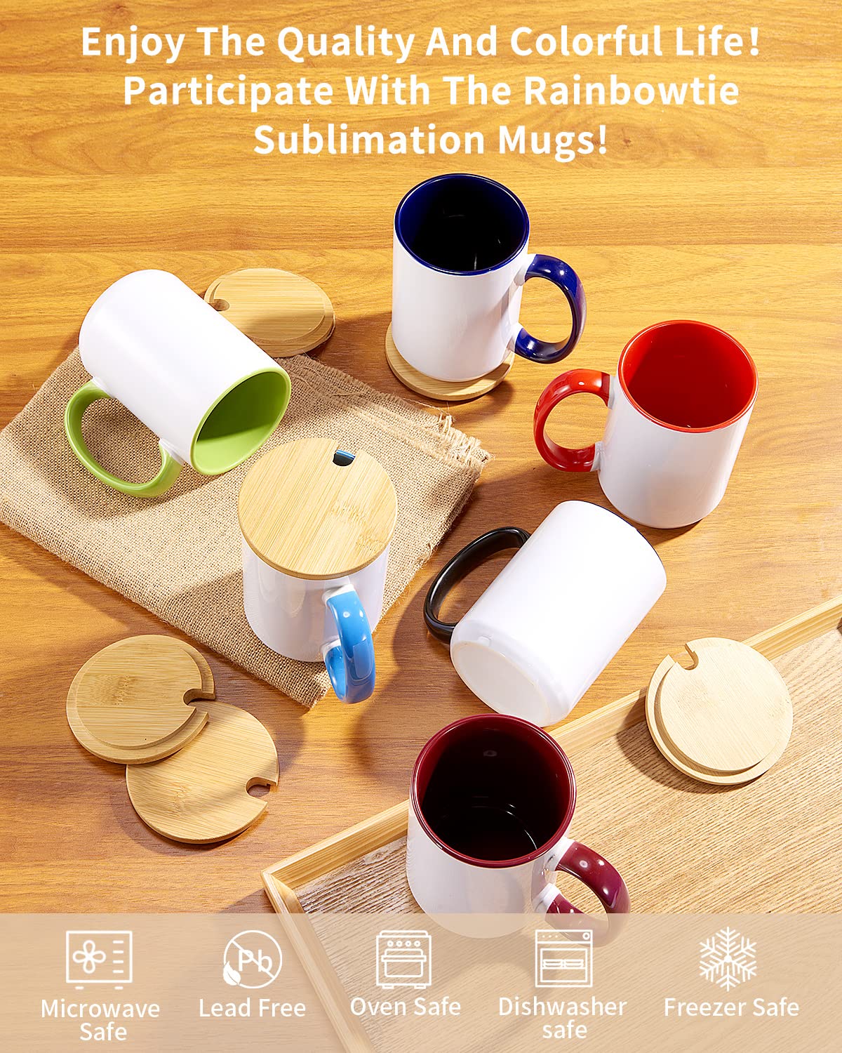 RAINBOWTIE Sublimation Mugs Set of 12, 15 oz Sublimation Mugs Blank with Bamboo Lid, Sublimation Coffee Mugs, Tazas Para Sublimacion, Mug Sets, Coffee Cup with Lid,6 Assorted Colors RAINBOWTIE