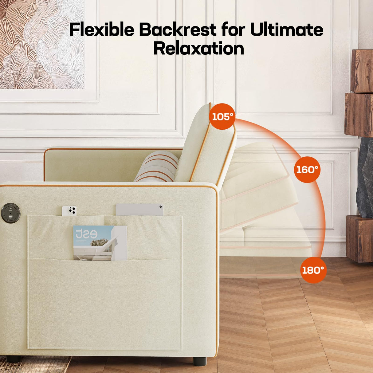 Amada 3 in 1 Convertible Sleeper Sofa Bed,Futon Couches for Living Room with with USB Ports & Side Pockets | Adjustable Backrest| Velvet Fabric | Pull Out Couch | Loveseat | Sectional Sofa Bed,White AMADA HOMEFURNISHING