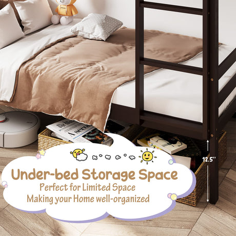 KOMFOTT Espresso Twin Over Twin Wood Bunk Bed with Ladder & Safety Guardrail KOMFOTT