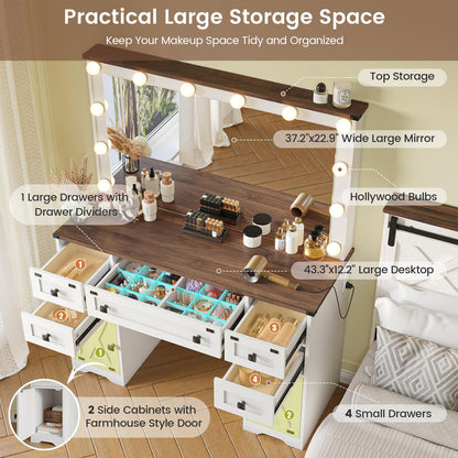 Hasuit Farmhouse Vanity Desk with LED Lights Mirror & Power Outlet 43'' Makeup Vanity Table with 5 Drawers & 2 Cabinets, Dressing Table for Bedroom,3 Color Lighting Modes Adjustable Brightnes - WoodArtSupply