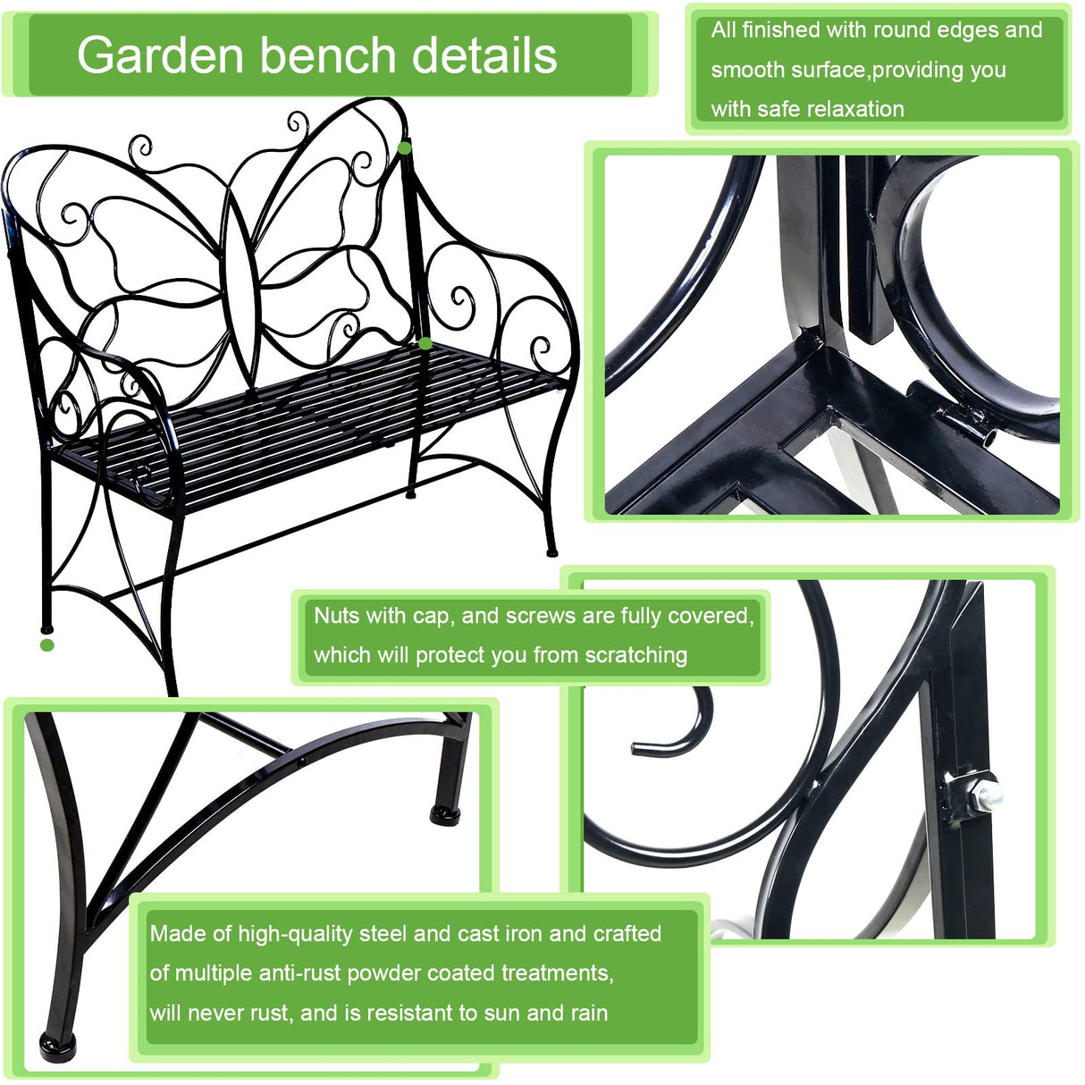 HLC Outdoor Bench Patio Outdoor Sturdy Rust-Resistant Garden Bench Butterfly Cast Iron Metal with Armrests for Garden, Park,Yard, Patio, Porch, Lawn Double Seats Black HLC
