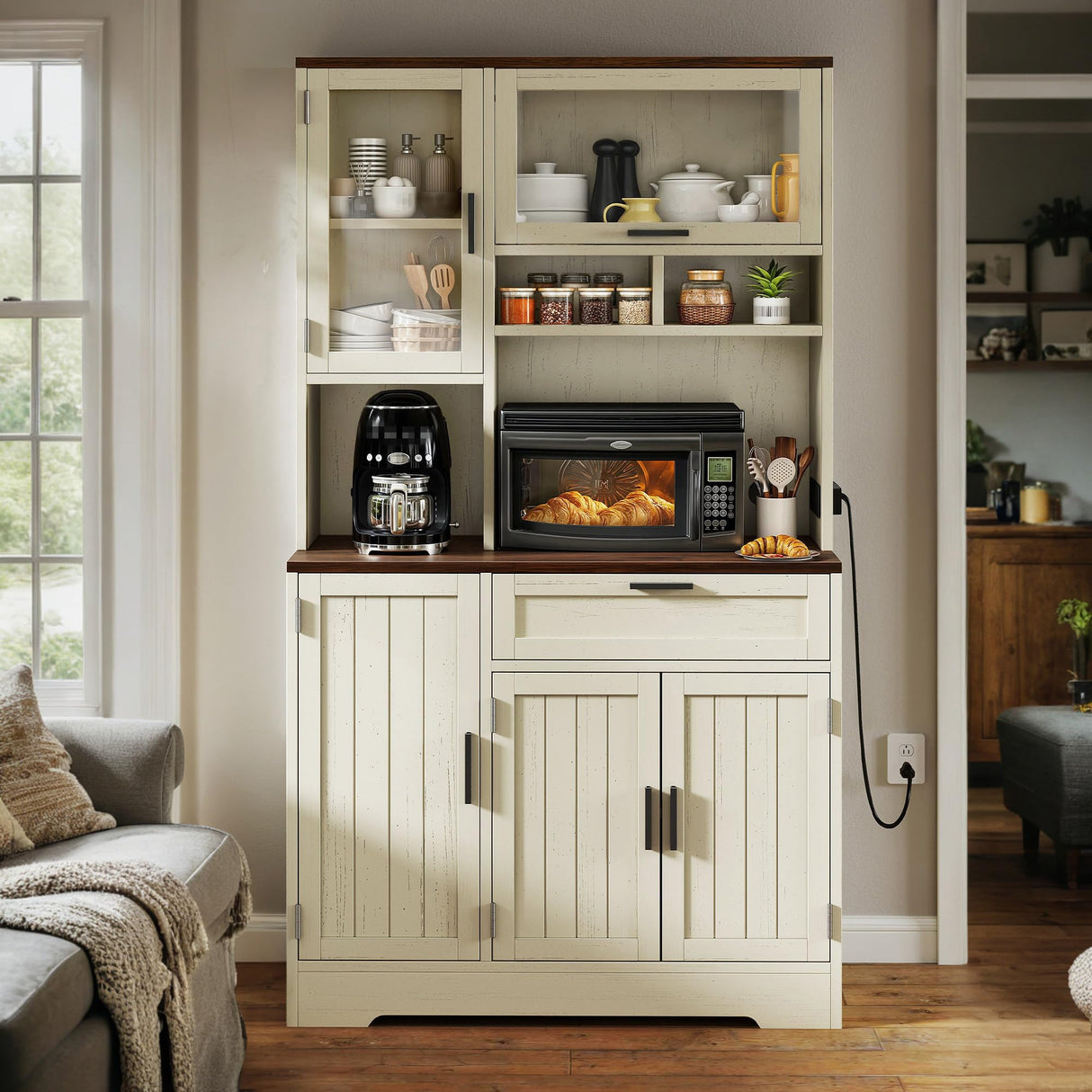 DWVO Tall Kitchen Pantry Storage Cabinet with Power Outlet, Farmhouse Storage Cabinets with Door & Shelves,Kitchen Hutch Buffet Cabinet with Microwave Stand, Walnut White DWVO