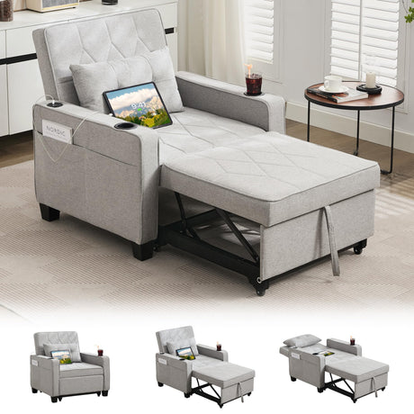 TYBOATLE Convertible Sleeper Chair Bed for Adults, 3-in-1 Pull Out Sofa Chair Bed with USB/Type-C Ports, Cup Holders, Side Pockets, Single Futon Sofa for Living Room, Bedroom, Small Space (Grey) TYBOATLE