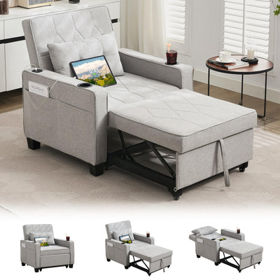 TYBOATLE Convertible Sleeper Chair Bed for Adults, 3-in-1 Pull Out Sofa Chair Bed with USB/Type-C Ports, Cup Holders, Side Pockets, Single Futon Sofa for Living Room, Bedroom, Small Space (Grey)