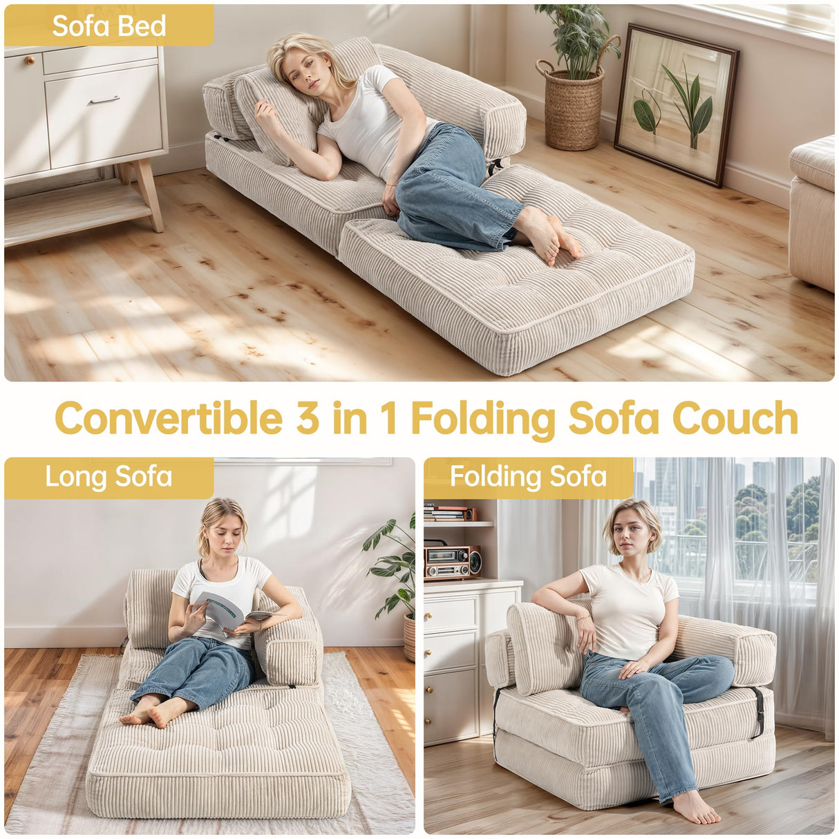 Airynee Convertible Folding Sofa Bed, L- Shaped Sleeper Chair Bed with Armrest and Pillow, Fold Out Sleeper Sofa, Comfortable Floor Couch for Small Spaces/Living Room/Bedroom, Single, Beige Airynee