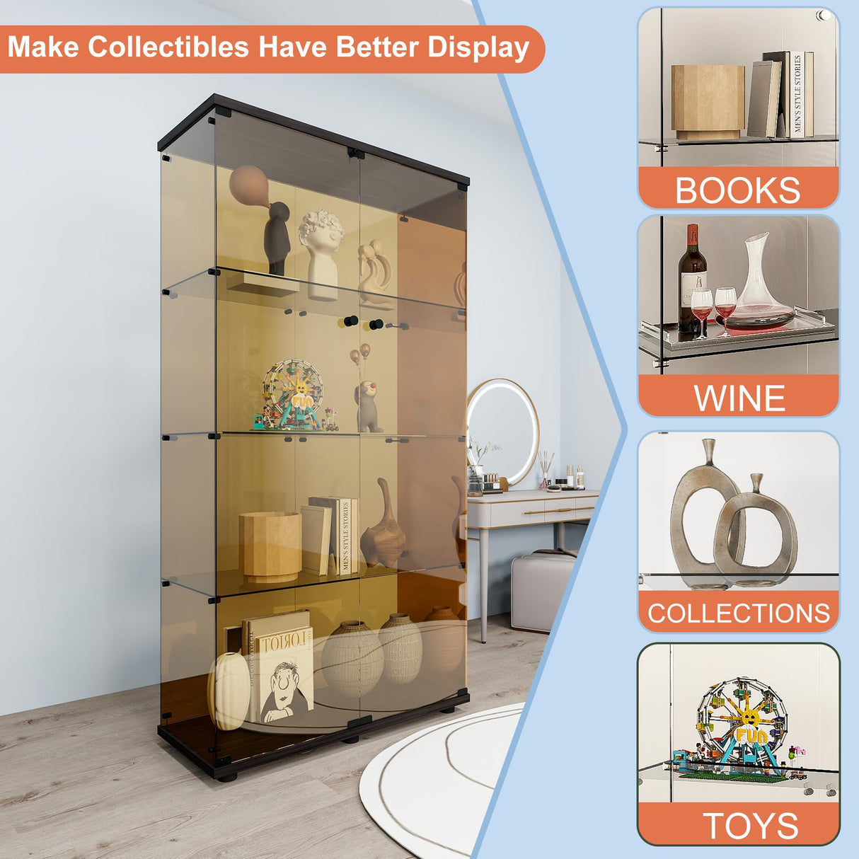 FANYUSHOW Glass Display Cabinet with 4 Shelf Double Door Curio Cabinet with Brown Glass 5mm Tempered Glass Display Case for Living Room, Bedroom, Kitechen, 64" H x 32" L x 14" W, Black FANYUSHOW