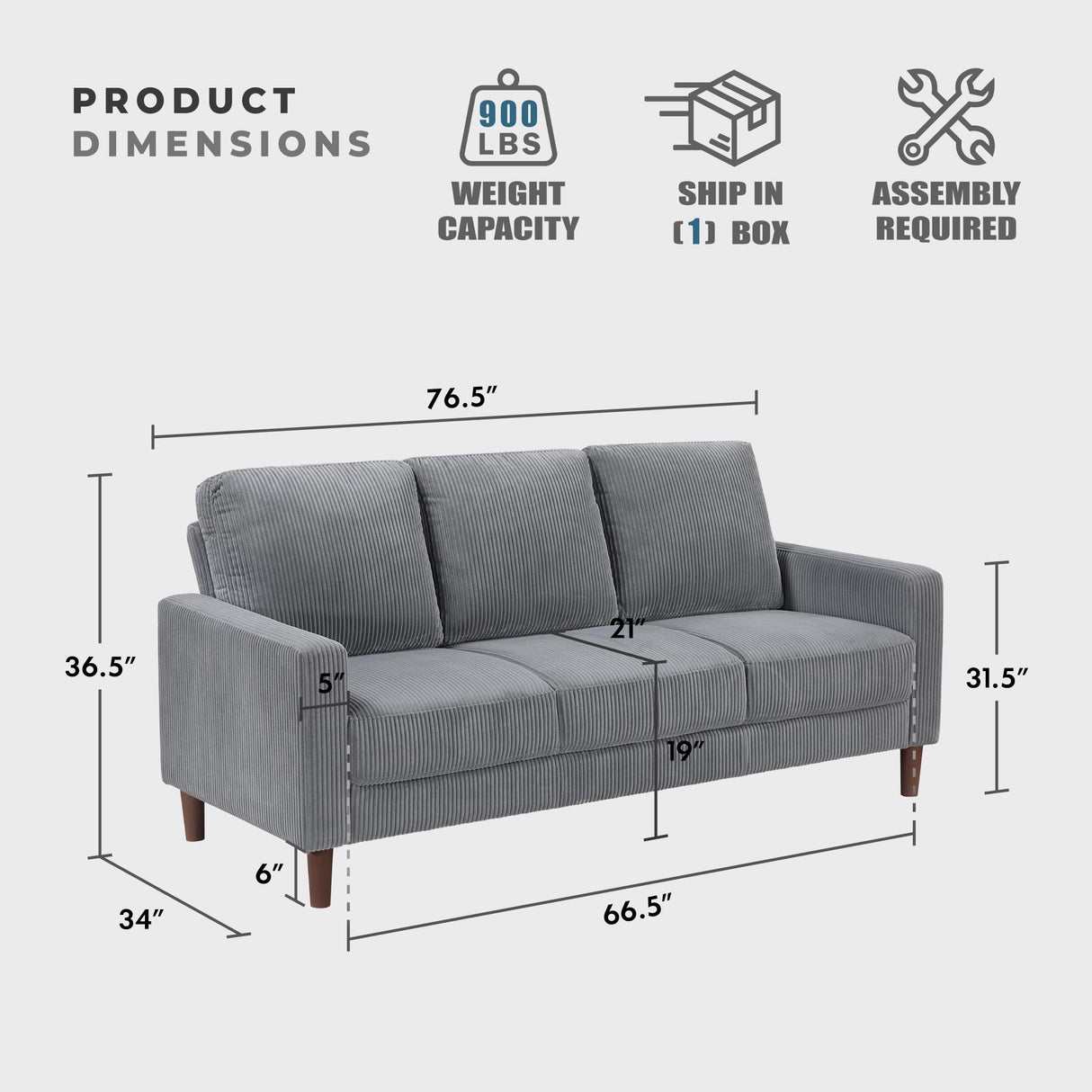 Lexicon Modern Sofa, Corduroy Fabric Upholstered Living Room Sofa, Couch with Brown Legs, Track Arms, Comfy Couch for Living Room/Bedroom/Apartment, 3-Seater, Gray Lexicon