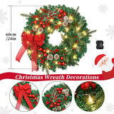 24In Prelit Christmas Wreath with 50 LED Lights, Large Christmas Wreath for Front Door Wreaths with Berries, Pine Cones for Door Fireplace Window Mantle Christmas Decoration Beinhome