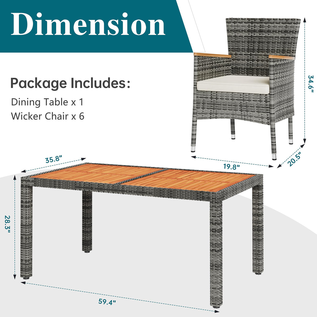 Shintenchi 7 Piece Patio Dining Set, Wicker Patio Conversation Set with Wooden Table Top, Outdoor Table and Chairs with Soft Cushions for Backyard, Deck and Garden, Grey Wicker Shintenchi