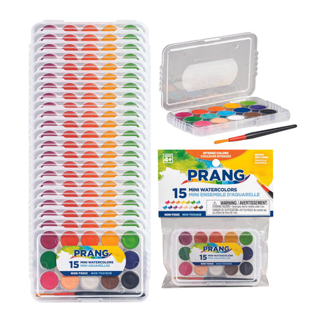 Prang Mini Watercolor Paint Sets, (Bulk Pack of 24) Palette Tray and Brush, 15 Assorted Colors, Art Party Favors, Prizes, Stocking Stuffers Prang