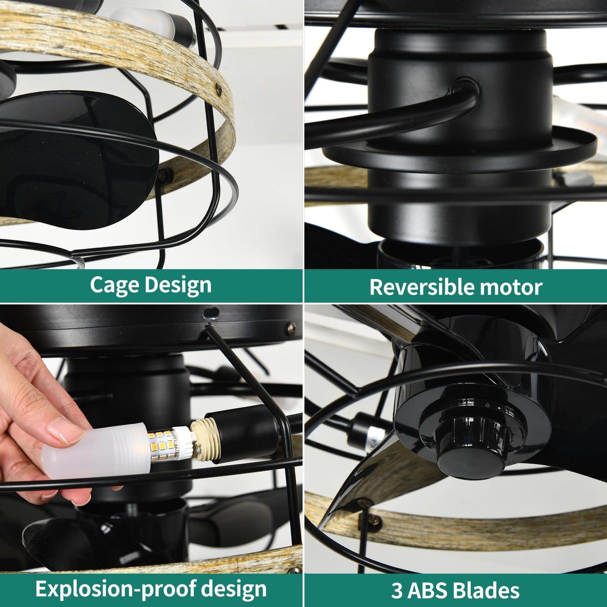 YITAHOME 15" Caged Ceiling Fans with Lights and Remote, Flush Mount Bladeless Low Profile, Small Farmhouse Rustic Enclosed Ceiling Fan for Bedroom, Kitchen, Indoor YITAHOME