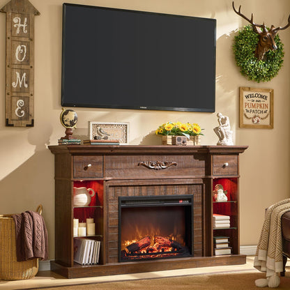 IFBUY 54" Farmhouse Electric Fireplace with Mantel, 33" Tall LED Fireplace TV Stand w/7 Lighting Colors, 23'' Freestanding Electric Fireplace Heater, Open Adjustable Shelves & Drawers, Brown