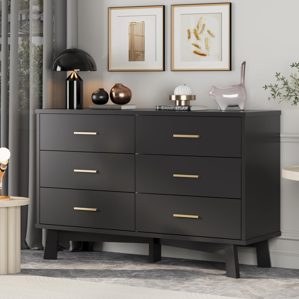 Dresser for Bedroom, 6 Drawer Wide Modern Chest of Drawers with X-Shaped Sturdy Base, Wood Double Dresser Closet Clothes Storage Organizer, Wooden Dresser TV Stand for Living Room, Hallway, Black Xixini