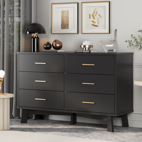 Dresser for Bedroom, 6 Drawer Wide Modern Chest of Drawers with X-Shaped Sturdy Base, Wood Double Dresser Closet Clothes Storage Organizer, Wooden Dresser TV Stand for Living Room, Hallway, Black Xixini