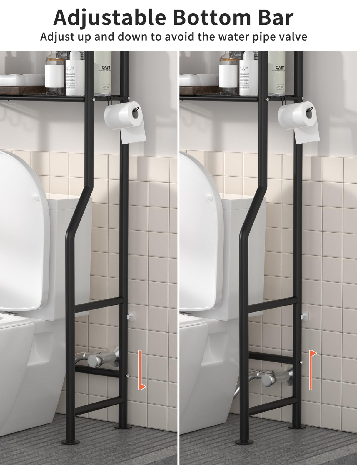 Livilord 3-Tier Over The Toilet Storage, Freestanding Metal Bathroom Shelves with 4 Hooks, Over Toilet Storage Shelf with Paper Holder, Above The Toilet Shelf for Bathroom Storage, Black Livilord