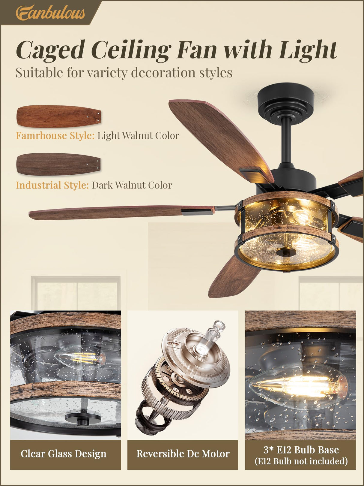 Farmhouse Ceiling Fan with Light and Remote, 52" Black Rustic Flush Mount Ceiling Fans for Bedroom Living Room, Industrial Caged Ceiling Fan for 6 Speed Reversible Motor, 5 Dual Blades Fanbulous