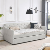 SLEERWAY Daybed with Trundle, Linen Upholstered Tufted Twin Size Day Bed Pull-Point Sofa Daybed Frame with Twin Roll-Out Trundle, No Box Spring Needed, Furniture for Bedroom, Living Room, Beige SLEERWAY