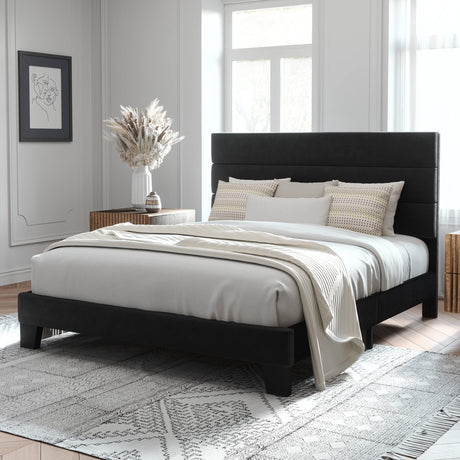 Allewie Full Size Platform Bed Frame with Velvet Upholstered Headboard and Wooden Slats Support, Fully Upholstered Mattress Foundation/No Box Spring Needed/Easy Assembly, Black Allewie