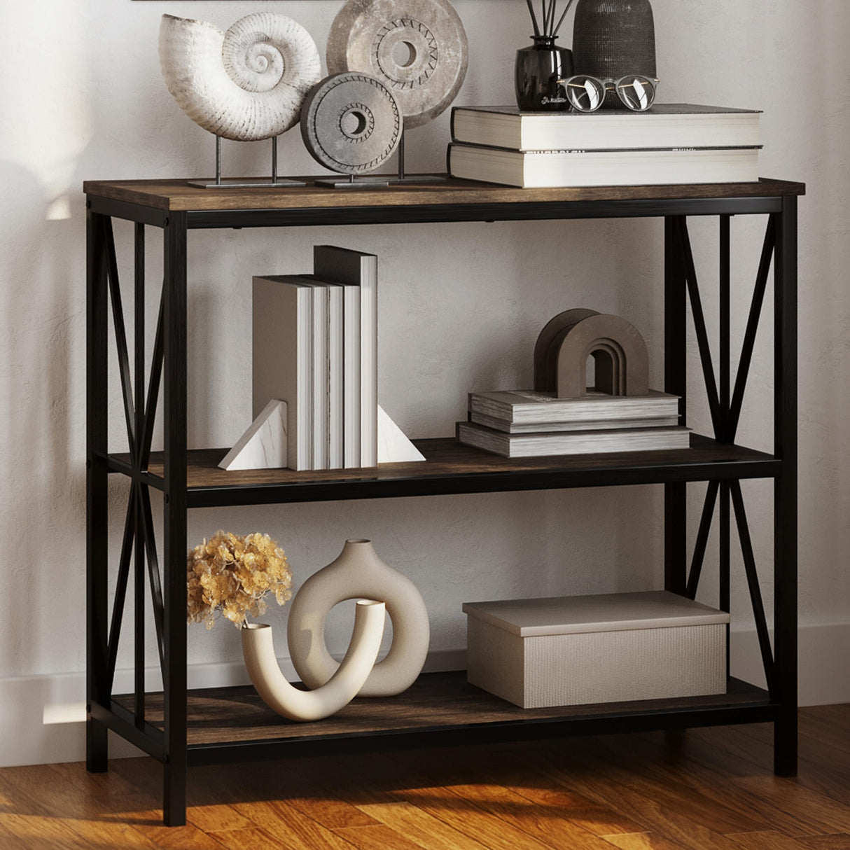 Lavish Home 3-Tier Industrial Bookshelf - Freestanding Open Bookcase for Home or Office Organization and Storage - Book Organizer (Brown Woodgrain) Lavish Home