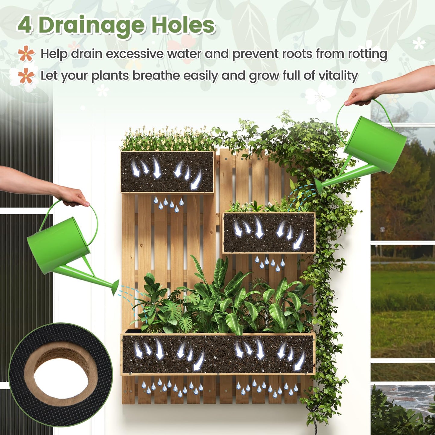 Giantex Wall-Mounted Raised Garden Bed w/Trellis Board, 3 Wooden Garden Boxes Set w/Drainage Hole, Fabric Liners, Hanging Hooks, Indoor Outdoor Decorative Planters for Fruit Vegetable Vine Flower