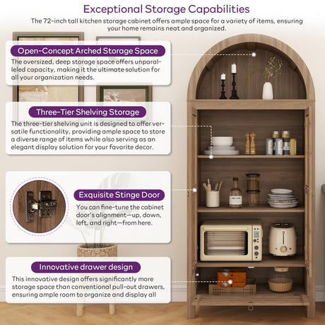 TYBOATLE 71" Tall Arched Pantry Cabinet with Innovative Drawer, Kitchen Cabinet with Anti-Tipping Device and Glass Door, Versatile Cupboard for Kitchen, Dining, Natrual TYBOATLE