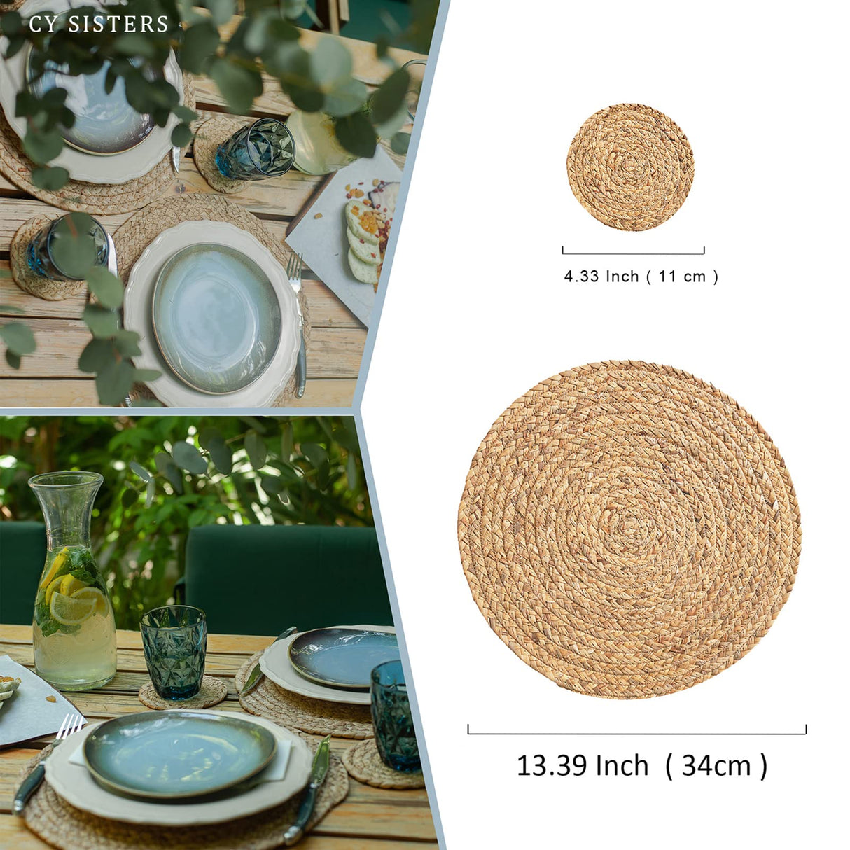 CY SISTERS Woven Placemats Round Placemats Set of 6, 13.5 Inch Wicker Placemats Circle Rattan Placemats Farmhouse Boho Braided Natural Water Hyacinth Place Mats for Indoor & Outdoor Table Decor CY SISTERS