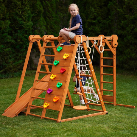 Avenlur 8-in-1 Small Indoor/Outdoor Playset – Foldable Wooden Kids Play Set for Backyard – Kid Playground for Toddlers Age 2–6 with Slide, Monkey Bars, 2 Ladders, 2 Swings, Rock Climbing, Gym Rings Avenlur