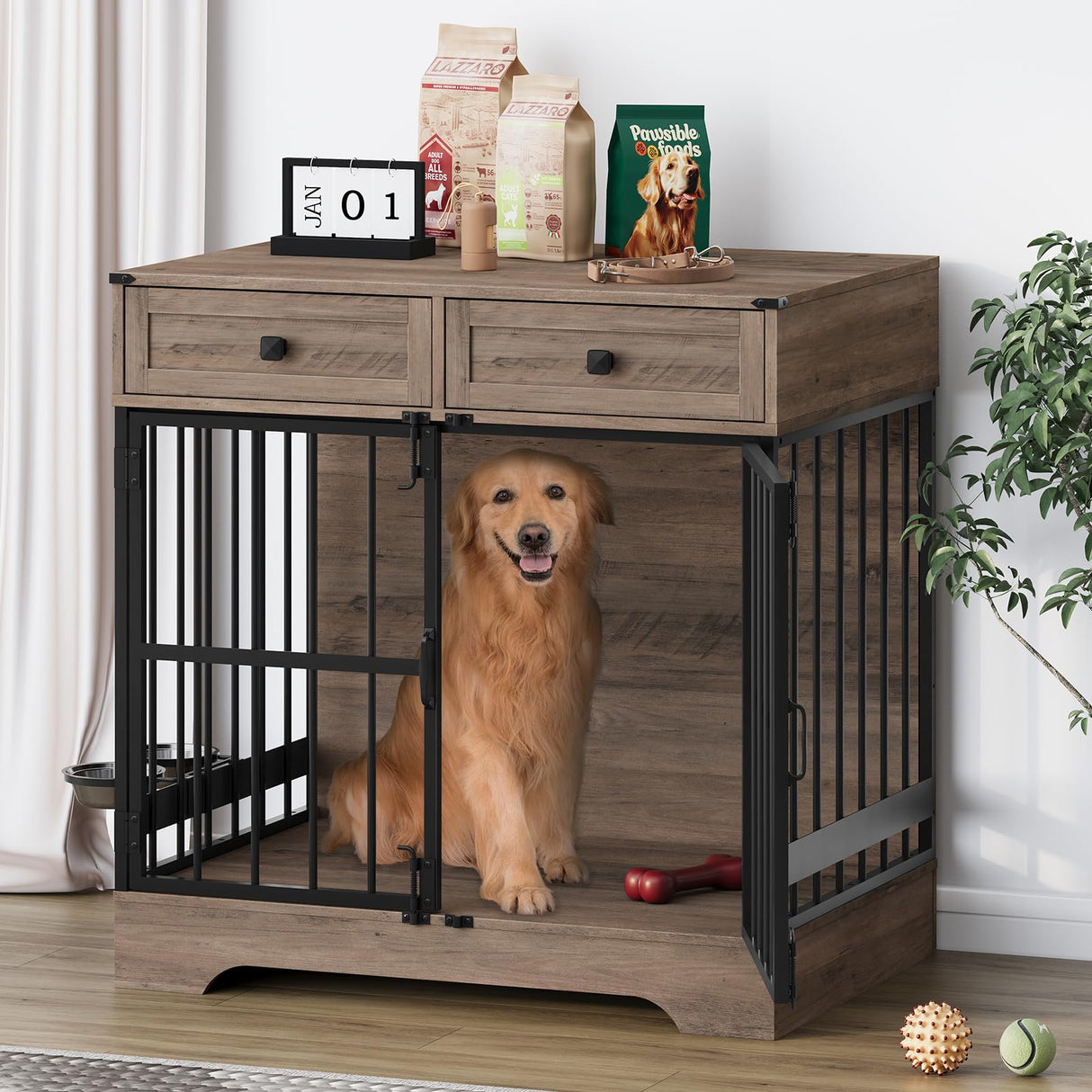 Dog Crate Furniture, 35 Inch Dog Kennel Indoor Furniture with Storage Drawers Rustic Pet Cage End Table with 2 Adjustable Bowls for Small/Medium/Large Dogs Halitaa