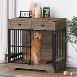 Dog Crate Furniture, 35 Inch Dog Kennel Indoor Furniture with Storage Drawers Rustic Pet Cage End Table with 2 Adjustable Bowls for Small/Medium/Large Dogs Halitaa