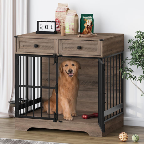 Dog Crate Furniture, 35 Inch Dog Kennel Indoor Furniture with Storage Drawers Rustic Pet Cage End Table with 2 Adjustable Bowls for Small/Medium/Large Dogs Halitaa