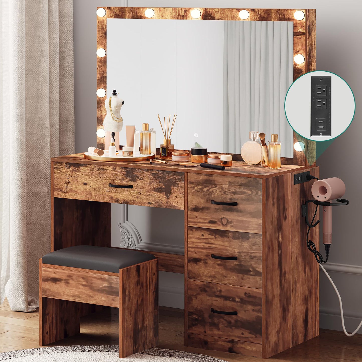 YITAHOME Vanity Desk Set with Large Lighted Mirror & Power Outlet, 3 Color Lighting Modes, Makeup Vanity Table with 4 Drawers, Storage Bench, Bedroom, Rustic Brown