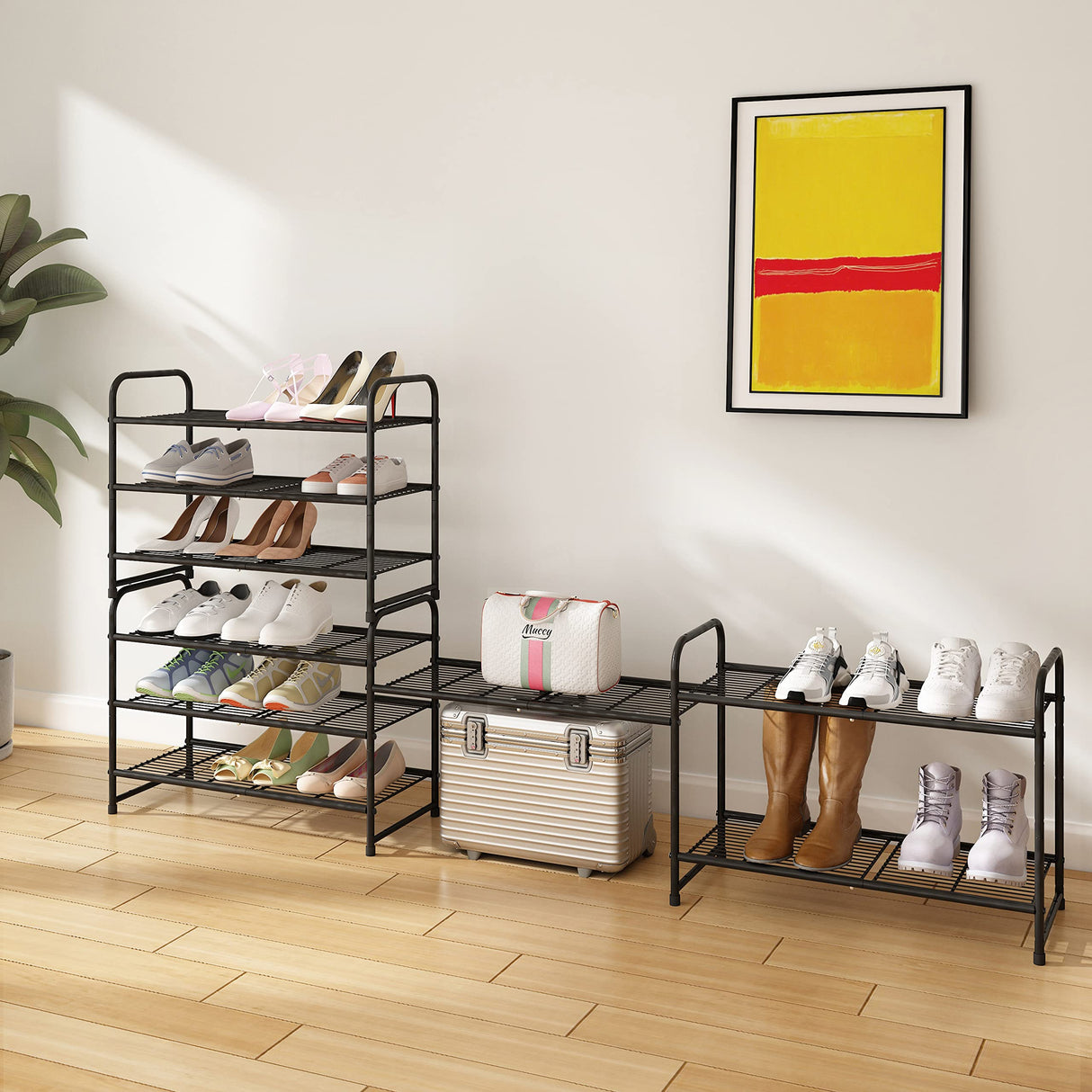 Simple Trending 3 Tier Stackable Shoe Rack, Expandable Adjustable Shoe Shelf Storage Organizer, Wire Grid, Black Simple Trending