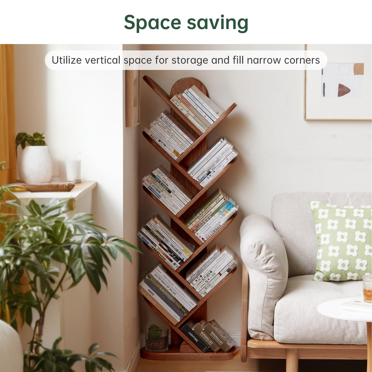 Wayshome 10 Tiers Bookshelf, Standing Tree Bookshelf, Creative Multi-Layer Bookcase, Standing Bookcase Rack Book Storage Organizer Shelves for Study, Bedroom, Office Walnut Wayshome