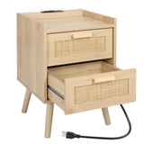 Finnhomy Nightstand with Charging Station, Bedside Table with 2 Hand Made Rattan Decorated Drawers, Night Stand with Storage for Bedroom, Natural Finnhomy