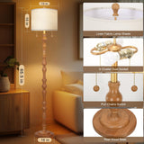 65.5" Natural Real Wood Floor Lamp with S Cluster Pull Chains Dual Switch,Wood Base Tall Lamp,Farmhouse Standing Lamp for Living Room,with Linen Shade,Floor Lamp for Living Room,Bedroom(Bulb Included) Scenekoy
