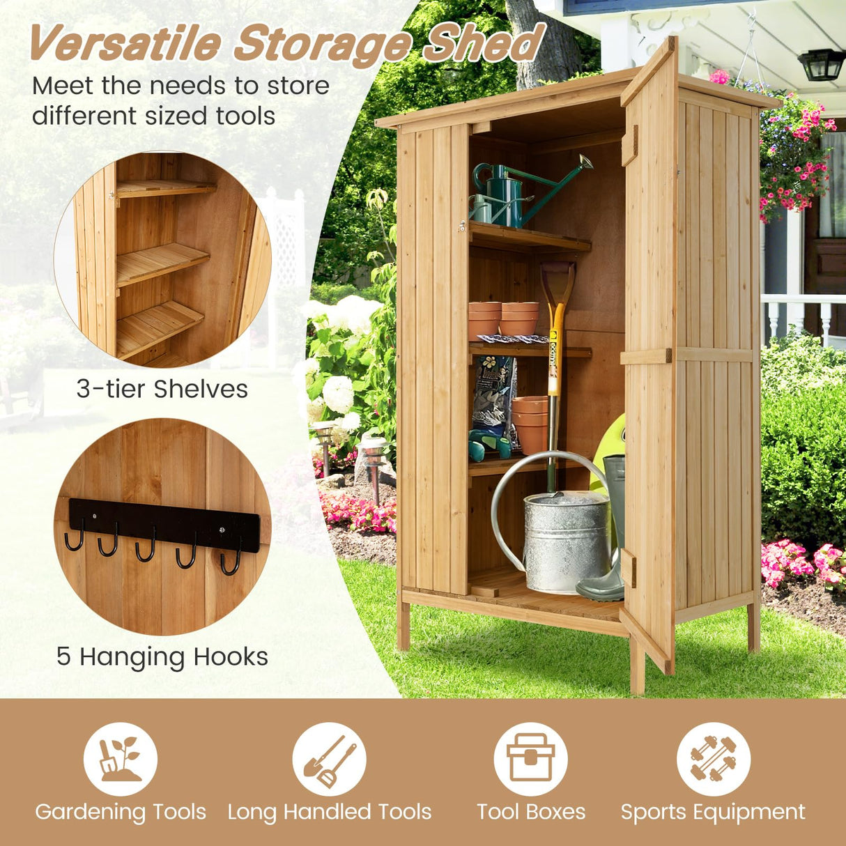 Goplus Outdoor Storage Cabinet, 5 × 3 FT Wooden Garden Shed with Asphalt Roof, 3 Shelves, Lockable Door, 5 Hanging Hooks, Outside Utility Tool Shed Organizer for Backyard, Patio, Deck, Natural Goplus