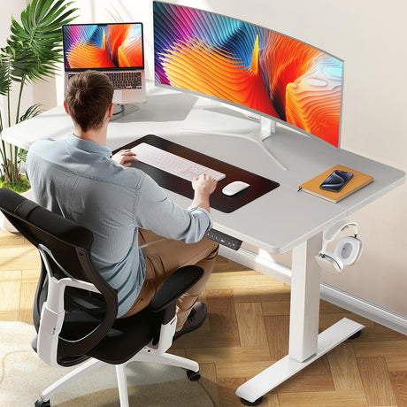 Veken 47.2 Inch Electric Standing Desk, Height Adjustable Sit Stand Up, Wood Desktop, Work Home Office Computer PC Desks, Gaming Writing Study Bedroom Rising Table, Tall Standup Workstation, White Veken