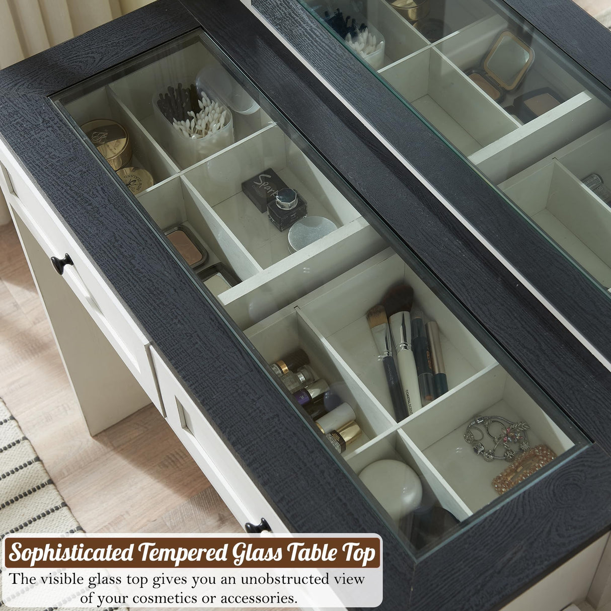 ACCOHOHO Farmhouse Vanity Desk with Mirror and Lights, 43" Wide Makeup Vanity with Glass Tabletop and Charging Station, Modern Vanity Table Set with Storage and Stool for Bedroom, Off White ACCOHOHO