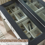 ACCOHOHO Farmhouse Vanity Desk with Mirror and Lights, 43" Wide Makeup Vanity with Glass Tabletop and Charging Station, Modern Vanity Table Set with Storage and Stool for Bedroom, Off White ACCOHOHO