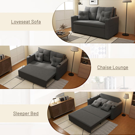 Krcix 3 in 1 Sofa Bed, 56 Inch Convertible Pull Out Couch, Loveseat Sleeper Sofa with Cup Holders, USB, Sofa Couches for Living Room, Bedroom, Apartment, Dark Grey Krcix