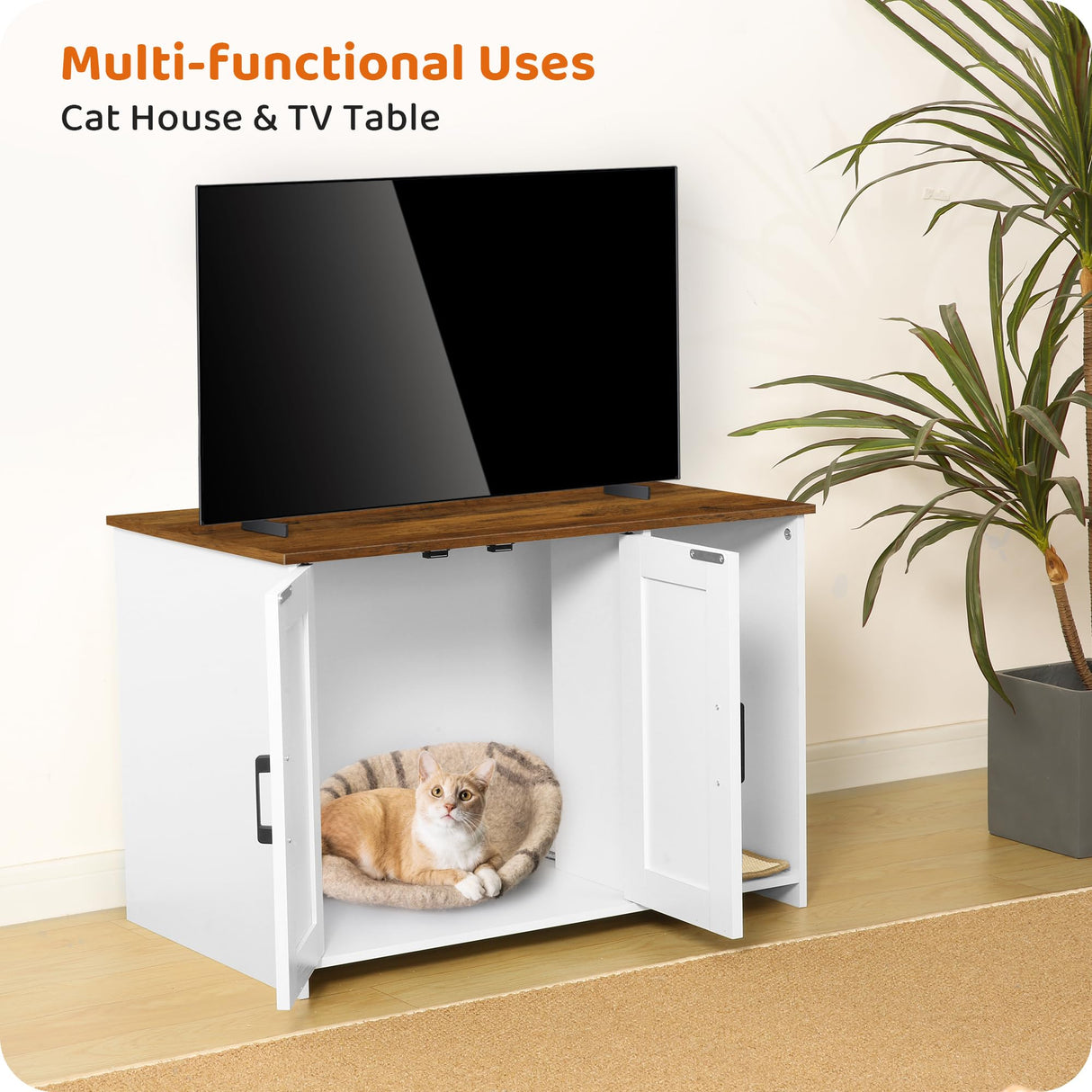 Dwanton Litter Box Enclosure, Cat Litter Box Furniture Hidden, with Scratching Mat, Wooden Cat Washroom Indoor, Fit Most of Litter Box, 31.5" L x 19.7" W x 21.7" H, White + Warm Brown Dwanton