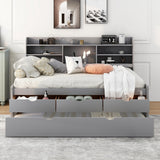 Merax Full Corner Bed Frame with Bookcase Storage, Daybed with Trundle & 3 Drawers Solid Wooden Platform Bedframe Captain Bed for Living Room,Bedroom & Guest Room, Grey Merax
