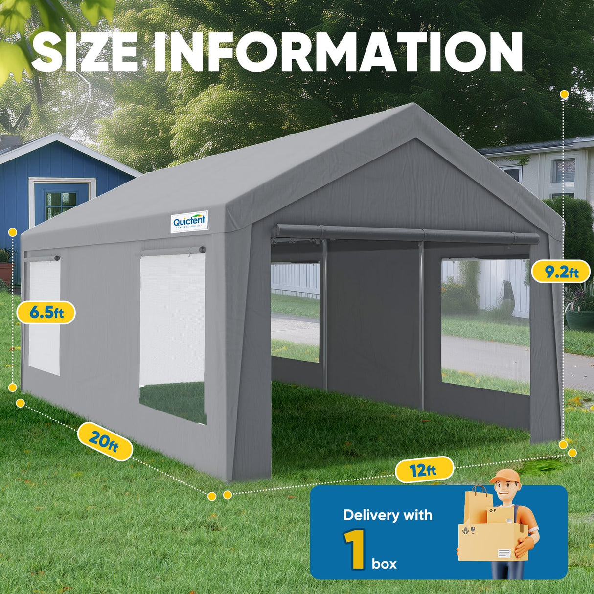 Quictent 12x20 ft Heavy Duty Carport Canopy Galvanized Car Tent Outdoor Garage Boat Shelter with Reinforced Structure with Roll-up Ventilated Windows Sidewall - Gray Quictent