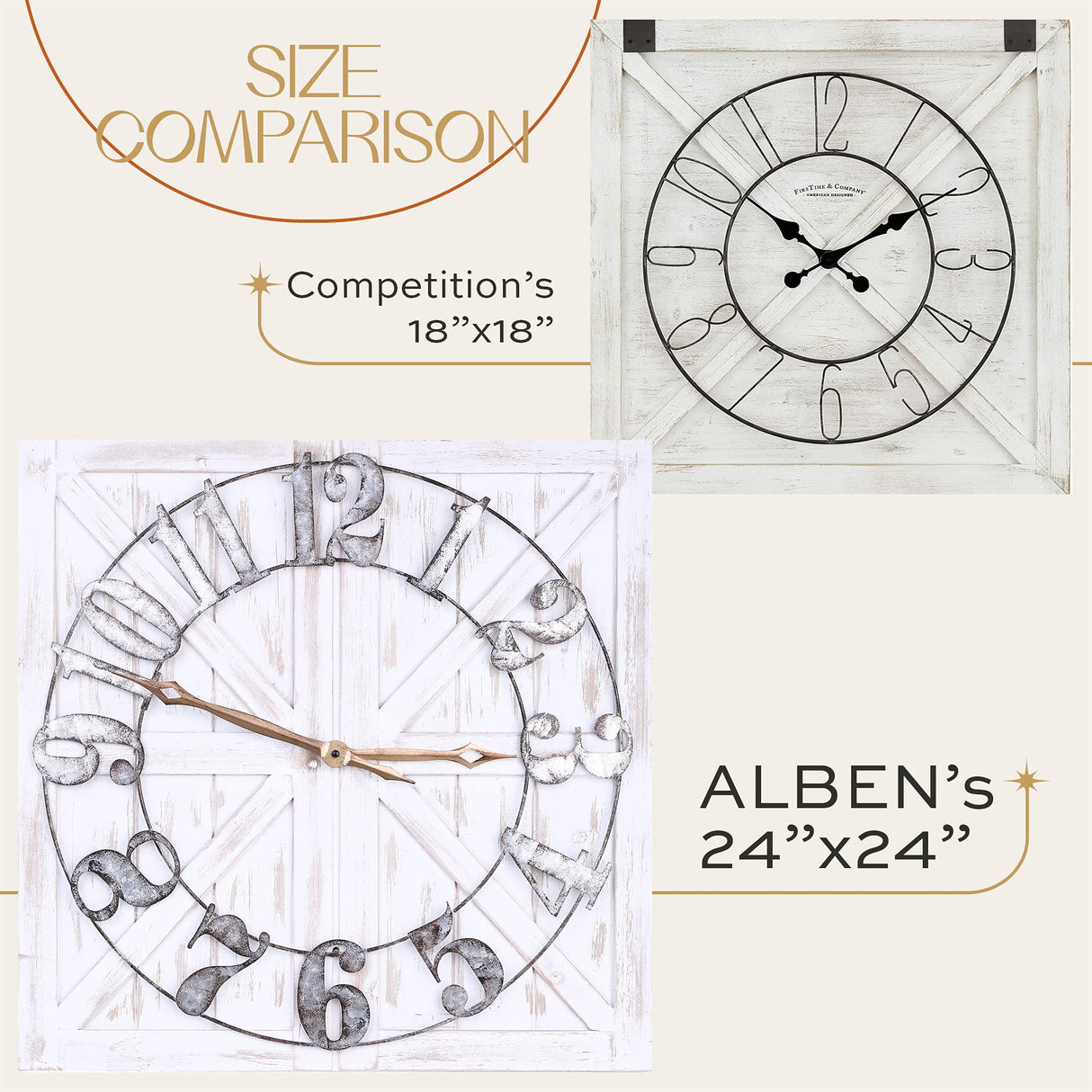 ALBEN Large Farmhouse Wall Clock - 24 inch Square Farmhouse Style Clock Bundled with Decorative Reversible Wooden Sign ALBEN