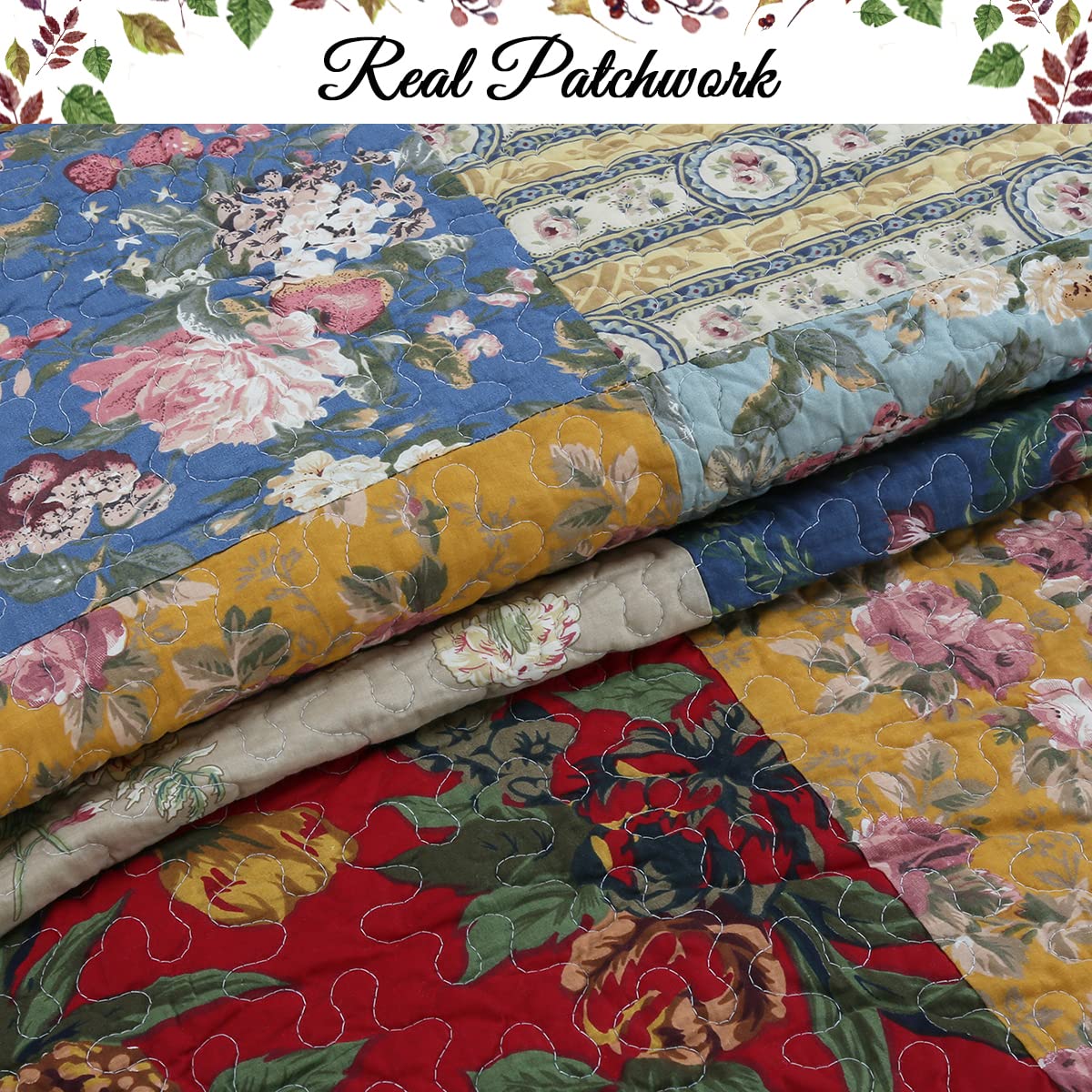 Cozy Line Home Fashions 100% Cotton Hand Piecing Real Patchwork Floral Plaid Country Farmhouse Reversible Quilt Bedding Set Coverlet Bedspread for All Seasons (Khaki Red, Queen - 3 Piece) Cozy Line Home Fashions