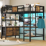 Loft Bed Twin Size with L-Shaped Desk and Storage, Metal Bunk Bed with Desk Underneath and LED Lights & Charging Station, Twin Loft Bed with Desk, 5 Drawer 2 Pegboards, Safety Guard Ladder, Brown BYSAUD