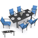 BUPPLEE 38"-84" Extendable Outdoor Dining Table Set for 4-8 Person, Rectangular Outdoor Furniture Adjustable Table & 6pcs Textilene Chairs for Porch,Backyard, Garden, Poolside and Deck-7 Piece Blue BUPPLEE