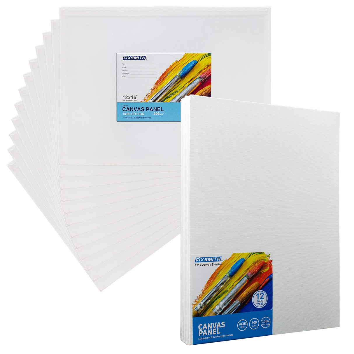 FIXSMITH Canvas Boards for Painting 12x16 Inch, Super Value 12 Pack White Blank Canvas Panels, 100% Cotton Primed, Painting Art Supplies for Professionals, Hobby Painters, Students & Kids FIXSMITH