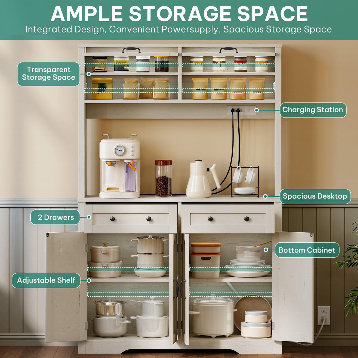 YITAHOME 71" Kitchen Pantry Cabinet with Charging Station, Tall Farmhouse Kitchen Hutch Cabinets with Microwave Stand and Storage, Buffet Pantry Cupboard with Countertop for Dining Room, White YITAHOME