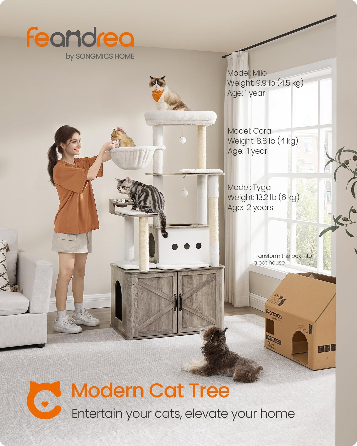 Feandrea Cat Tree, 66.9-Inch Cat Tower with Litter Box Enclosure, Large Cat Condo with Food Station, Storage, Scratching Posts, Cat Cave, Hammock, Washable Cushions, Heather Greige UPCT169K02